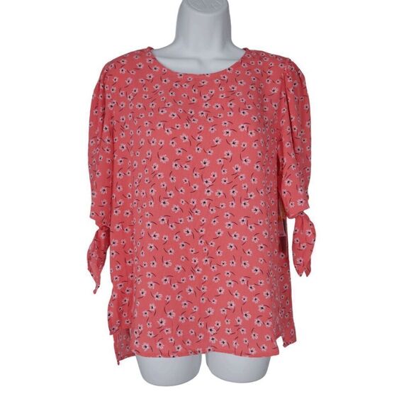 CeCe Floral Tie Sleeve Calypso Coral Top M - Picture 1 of 7